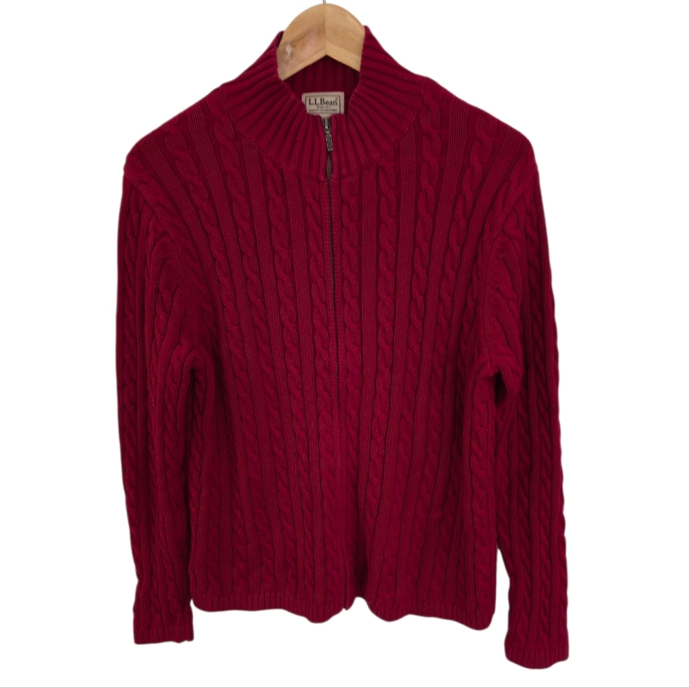 Vintage L.L. Bean Cable Knit Mock Neck Full Zip Sweater Red Size Large Hongkong